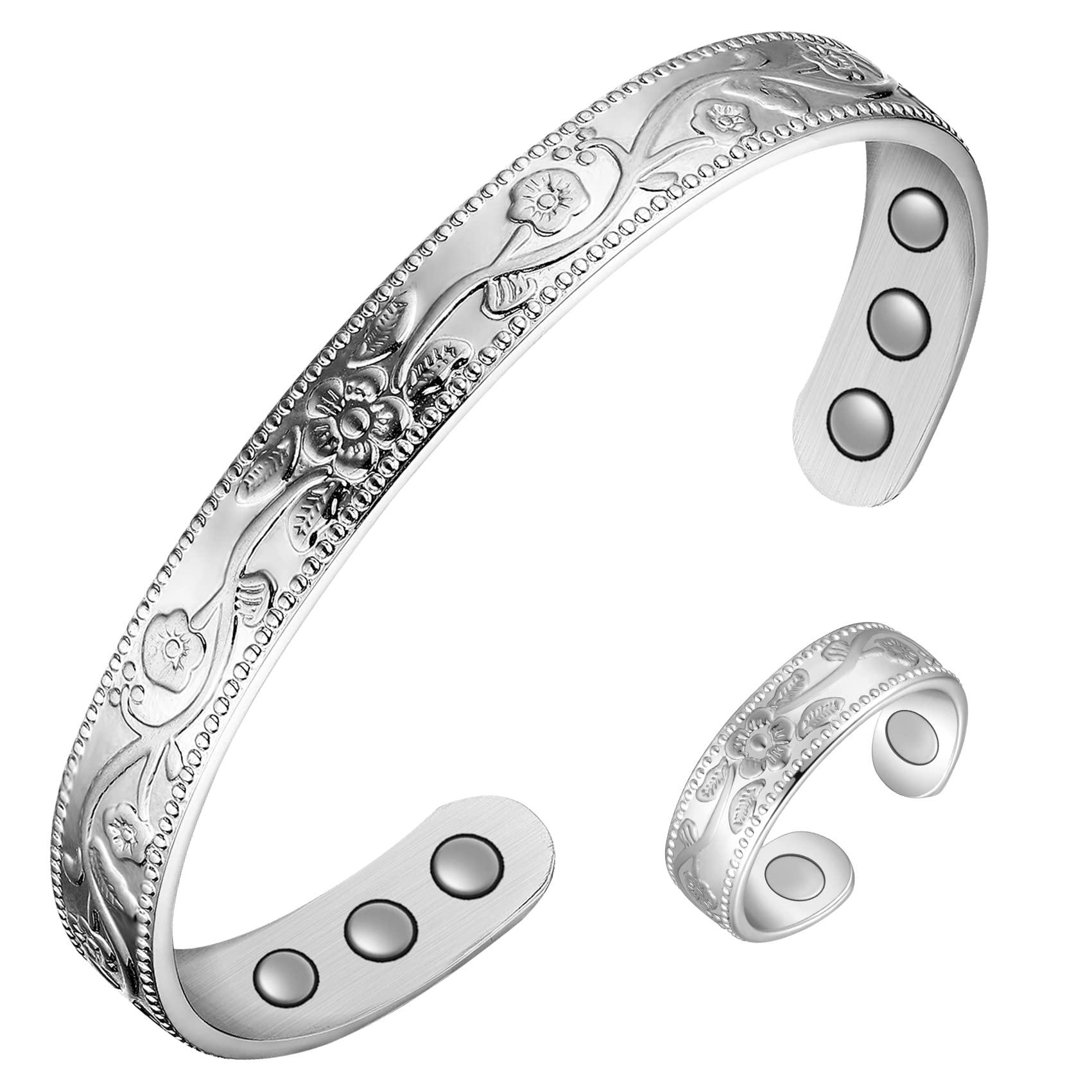 Jecanori 2Pcs Magnetic Copper Bracelets for Women, Vintage Flower 99.99% Pure Copper Bracelets with 3500 Gauss Magnets, Adjustable Cuff Jewelry with Gift Box