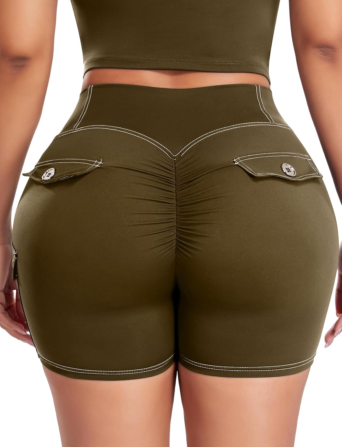 SEASUM Women's 4.5" Booty Lifting Scrunch Shorts One-Sided Cargo Pocket Yoga Denim-Look Bottoms - Image 5
