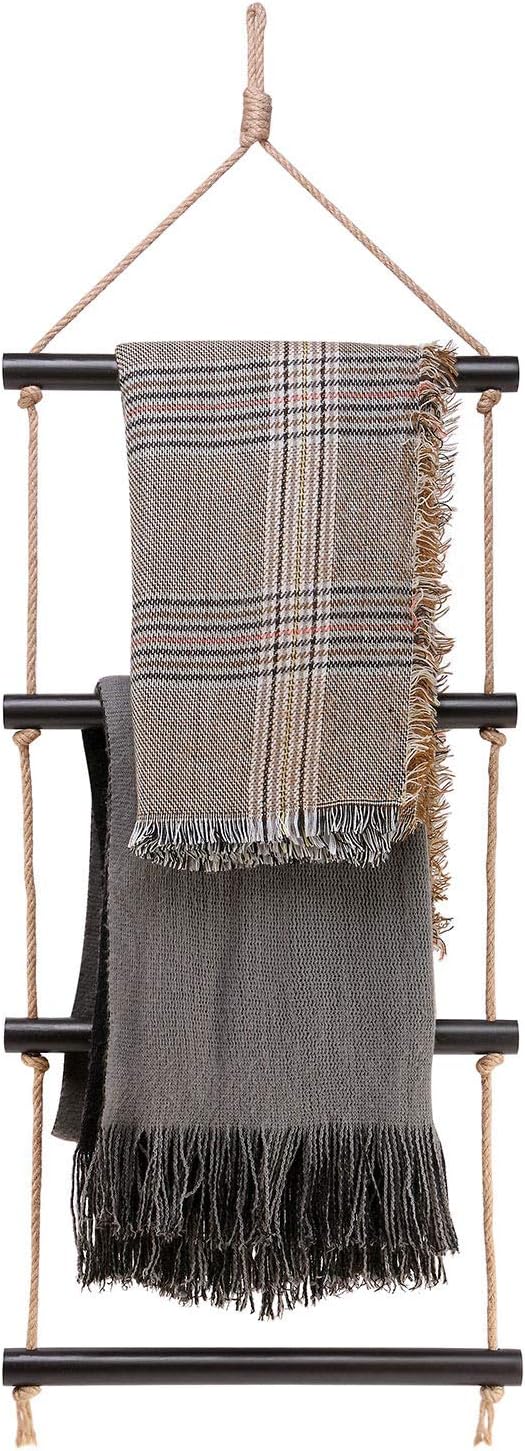 Dahey Blanket Ladder Scarf Holder Rack, Bath Towel Rack Bar Storage Ladder Wood Wall Hanging Living Room Scarf Ladder Rustic Home Decor Ladder,Black