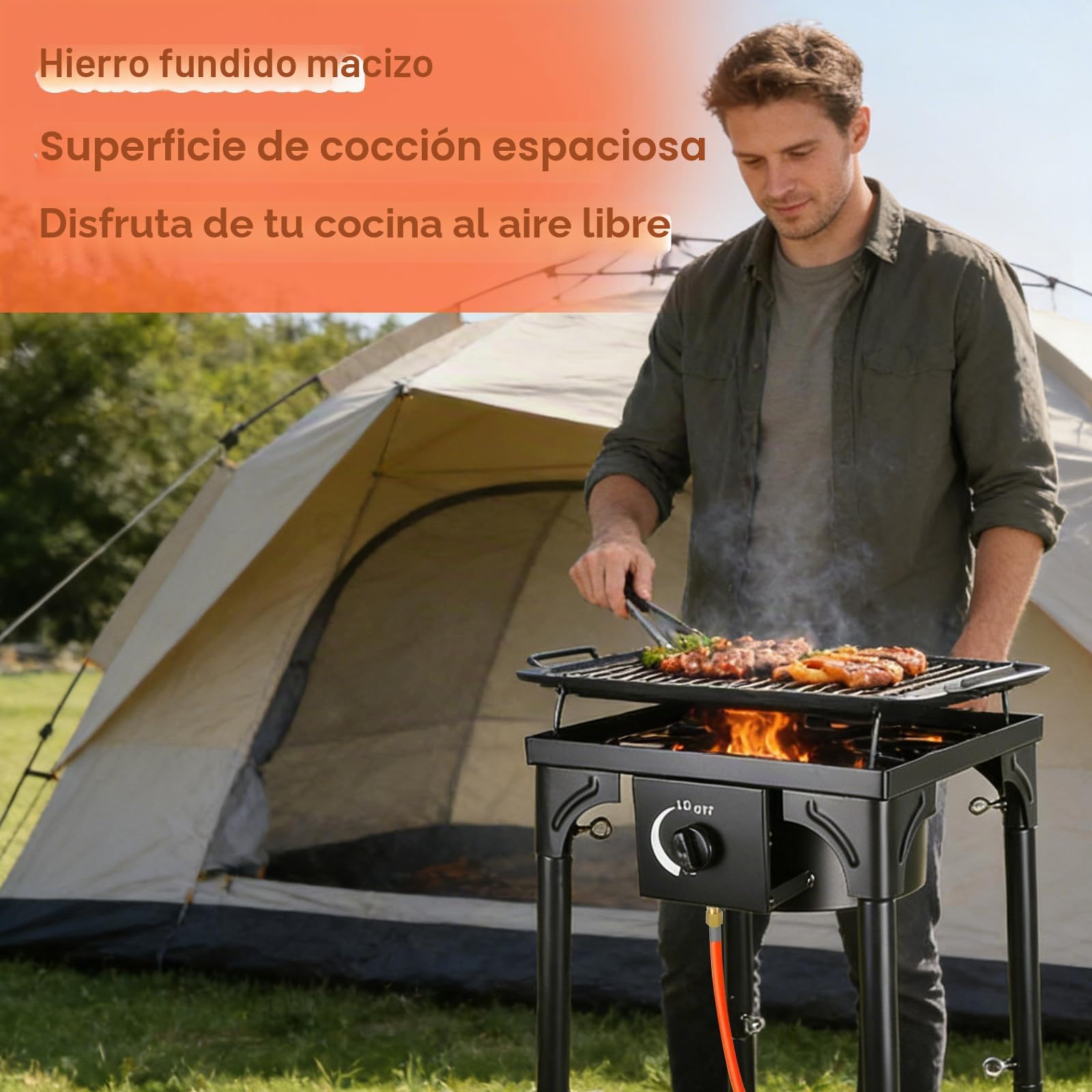 CPROSP Hornillo de Gas Hierro Fundido 10kw, 40×40×76cm, Quemador Gas Butano con 1,5m Manguera y Regulador Presión 50mbar, Cocina Gas Camping para Outdoor Acampada
