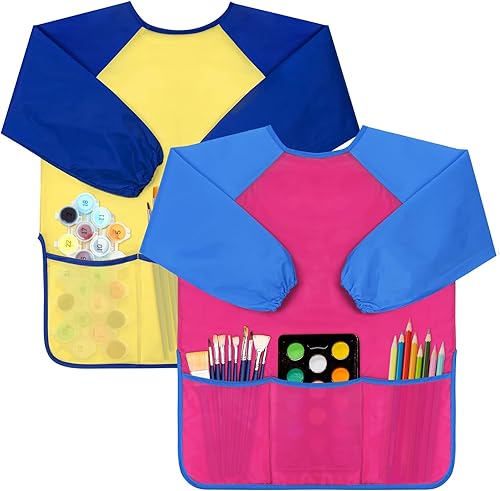 Vista 19 de Bassion Delantales de manga larga con 3 bolsillos para niños de 2 a 6 años Azul Oscuro Amarillo