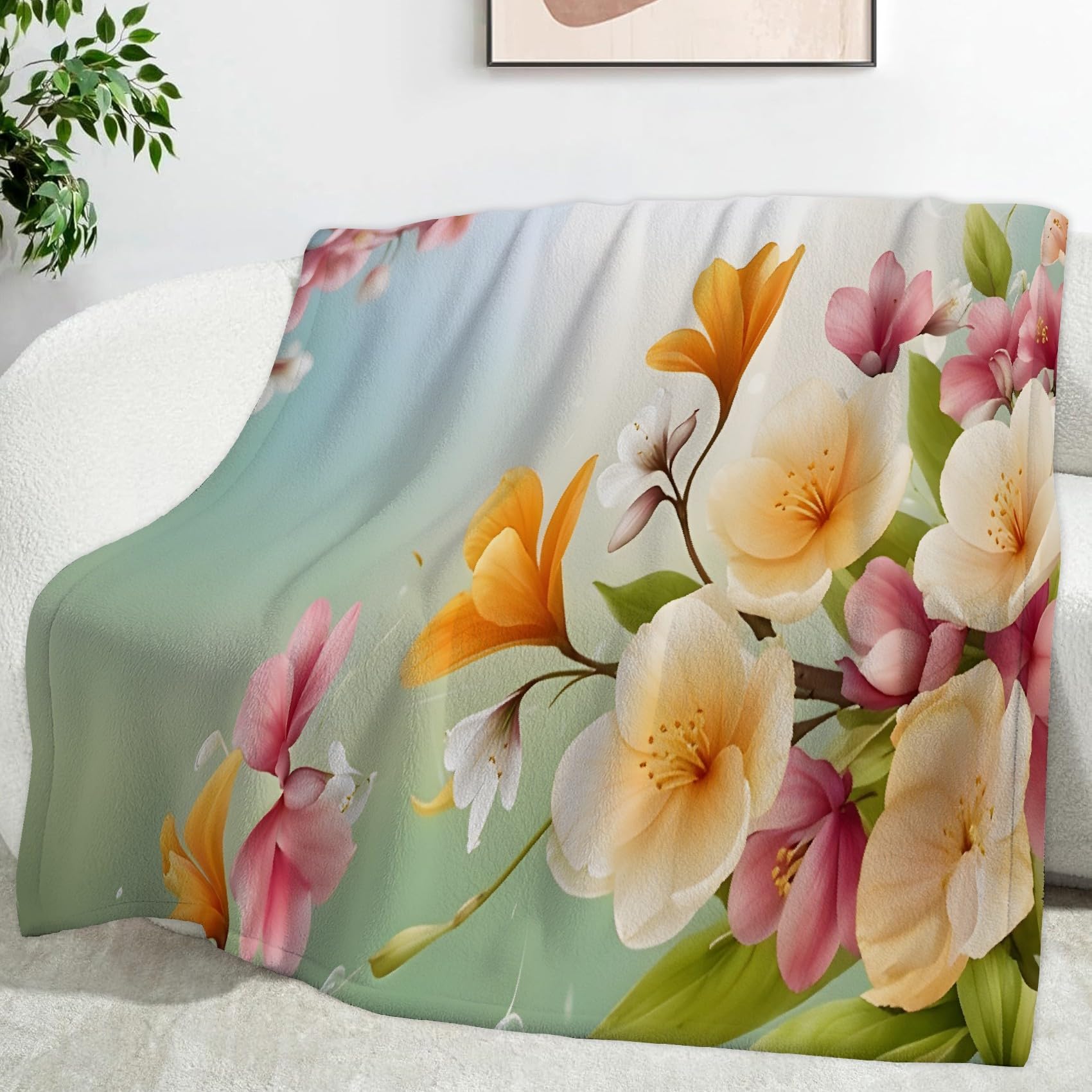 Ypthriline Watercolor Bouquet Blanket, Fresh Watercolor Style Microfiber Flannel Throw Blanket, Comfortable Soft Fluffy and Warm, Blankets for Beds, Sofas and Recliners, 230×270 CM