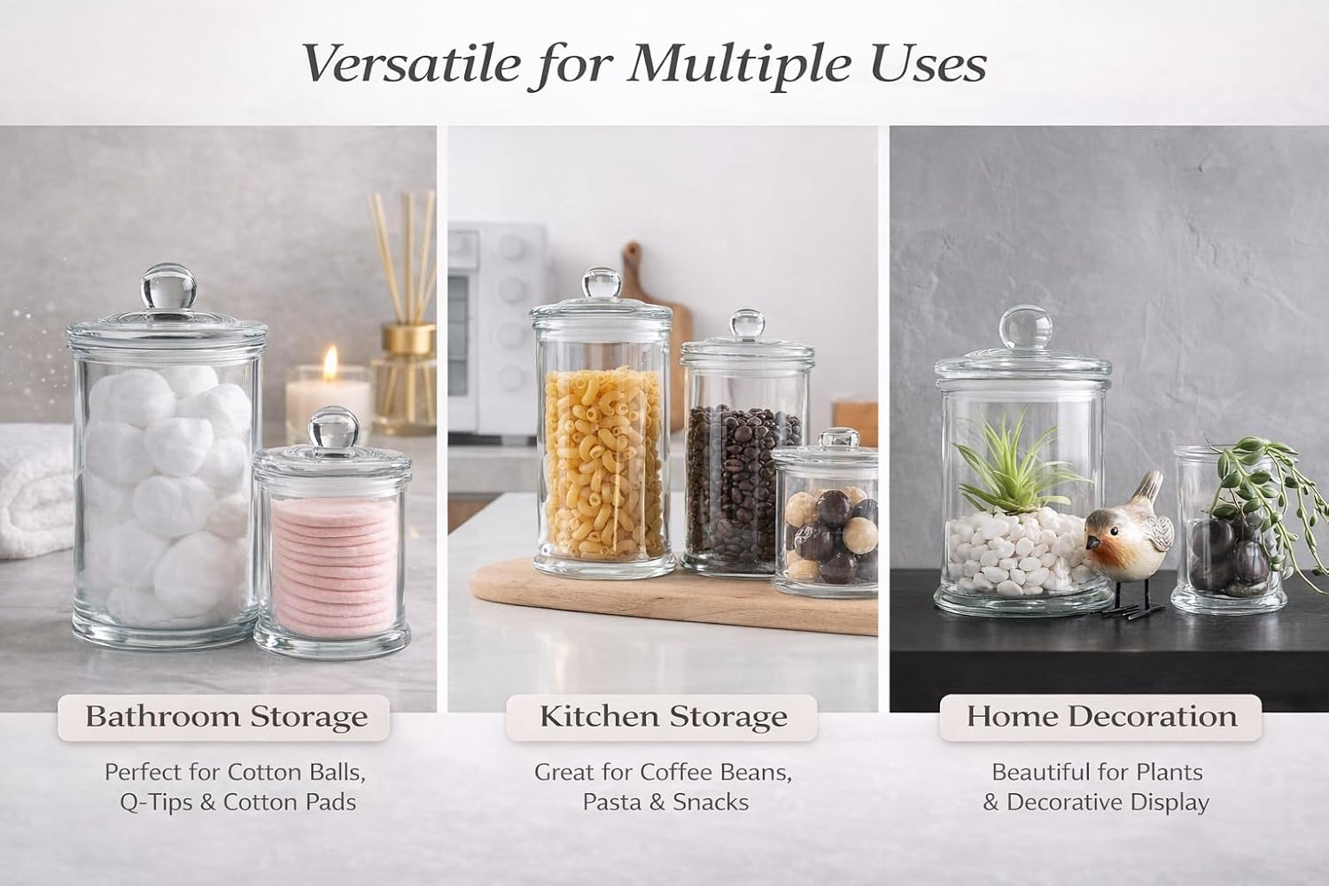 KMWARES 3PCs Set Small Mini Clear Glass Premium Quality Apothecary Jars/Bathroom Storage/Vanity Organizer Canisters for Cotton Balls/Swabs, Makeup Sponges, Bath Salts, Q-Tips (3Jar)