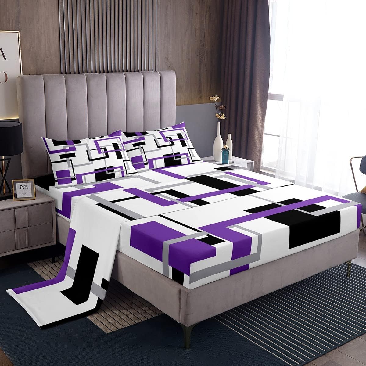 Feelyou Geometry Square Bed Sheets Purple Black White Sheet Set for Kids Boys Girls Modern Geometric Grid Bed Set Simple Graphic Decor Sheets with 2 Pillowcases 4Pcs Bedding Queen Multi 14 Q