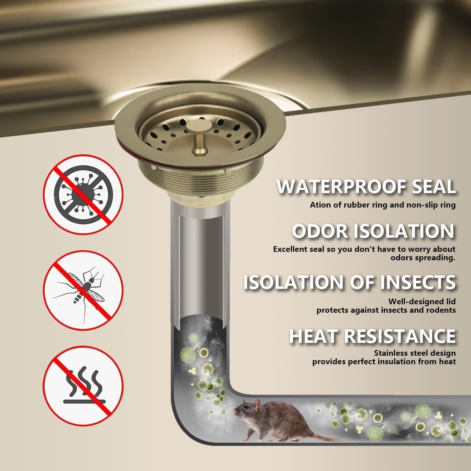 Uni-Green Champagne Bronze Kitchen Sink Drain for Standard 3-1/2 inch Drain - Fit 1-1/2 inch Pipe - Kitchen Sink Drain Strainer Stainless Steel Basket with Knob - Rubber Stopper Bottom