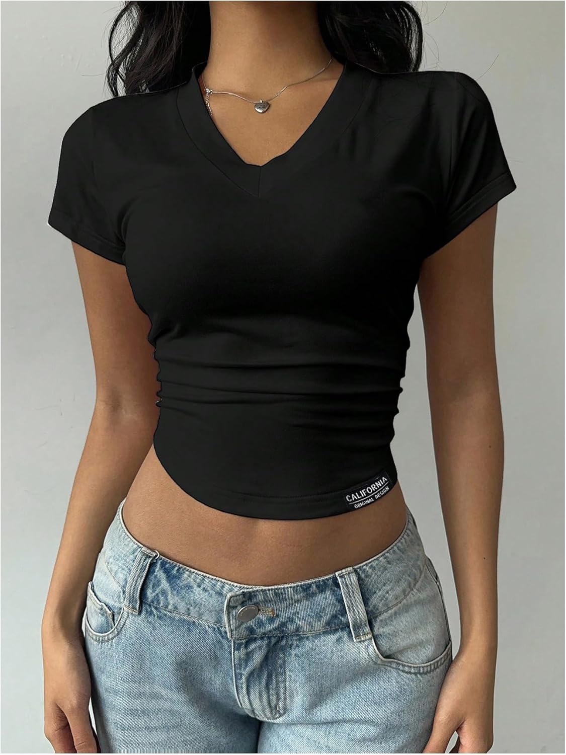 Women's Ruched V Neck T Shirts Summer Short Sleeve Fitted Basic Tees Dressy Casual Tops - Image 4