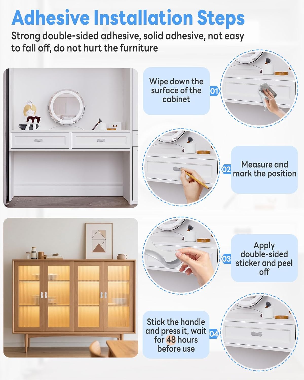8 Pack Adhesive Cabinet Handles, 3 Inch Self-Stick Knobs, Barn Door & Finger Pulls for Closets, Sliding Shower Glass Doors, Wardrobes, Drawers, Windows (8, Silver)