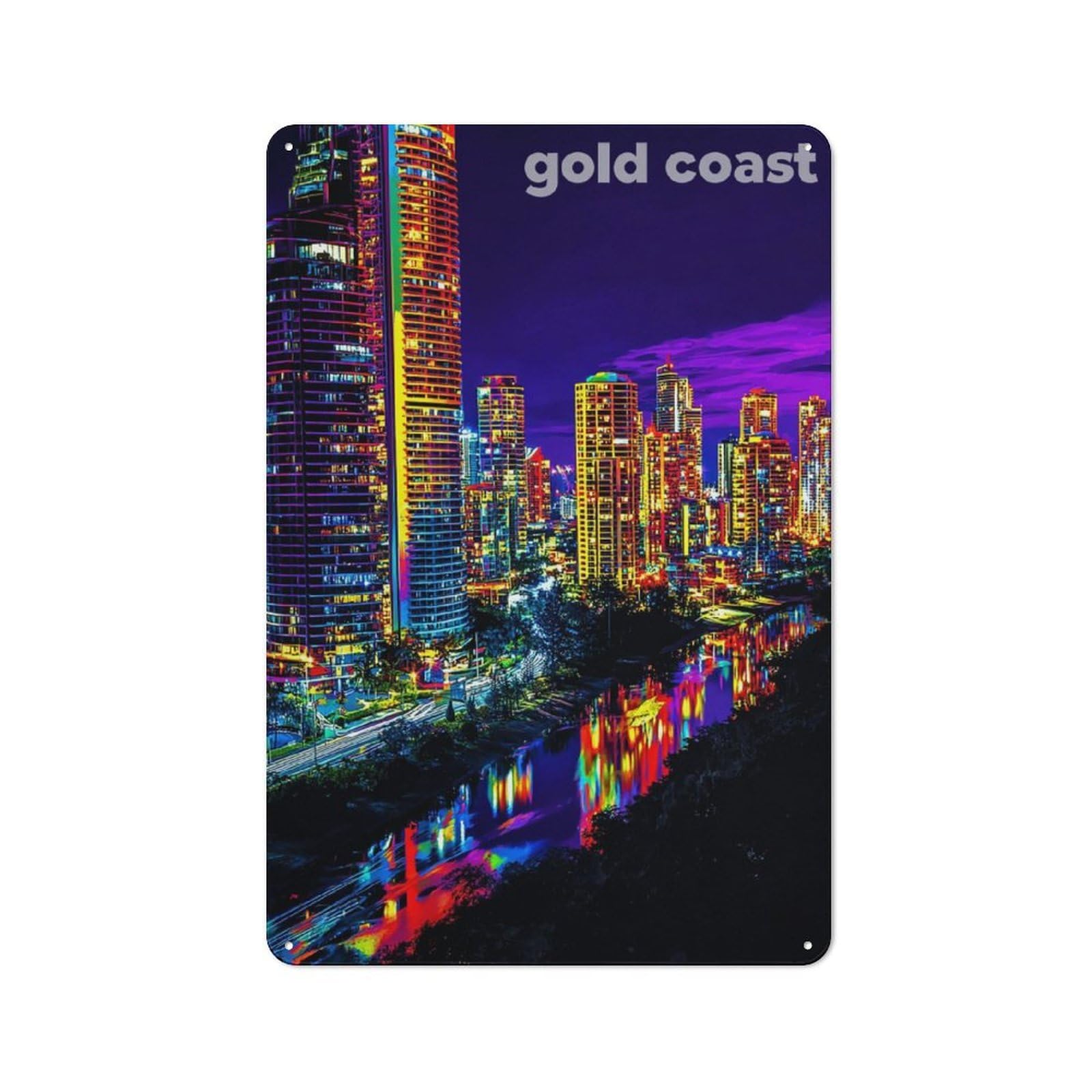 Junmoney Vibrant Lights Of Gold Coast Tin Wall Plaque 30X20cm With For Home Office Or Studio, For Home Office Decor Fans