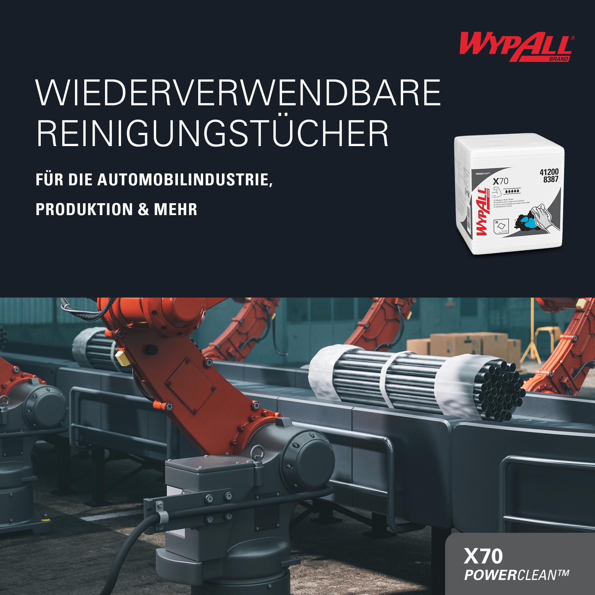 WypAll® X70 Power Clean™ Reinigungstücher 8387, wiederverwendbare saugfähige Wischtücher für vielseitiges und effizientes Wischen, 12 Packungen x 76 Tücher (insg. 912 Tücher)