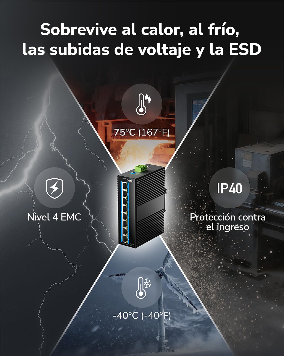 Cudy Switch PoE+ Industrial 8 Puertos, 8+2SFP, Carril DIN, -40~75C, IG1008P | 8x PoE+ 120W, 2x SFP, Carril DIN, -40~75C, Doble DC 48-57V, IP40, 6kV Sobretensión, Plug Play
