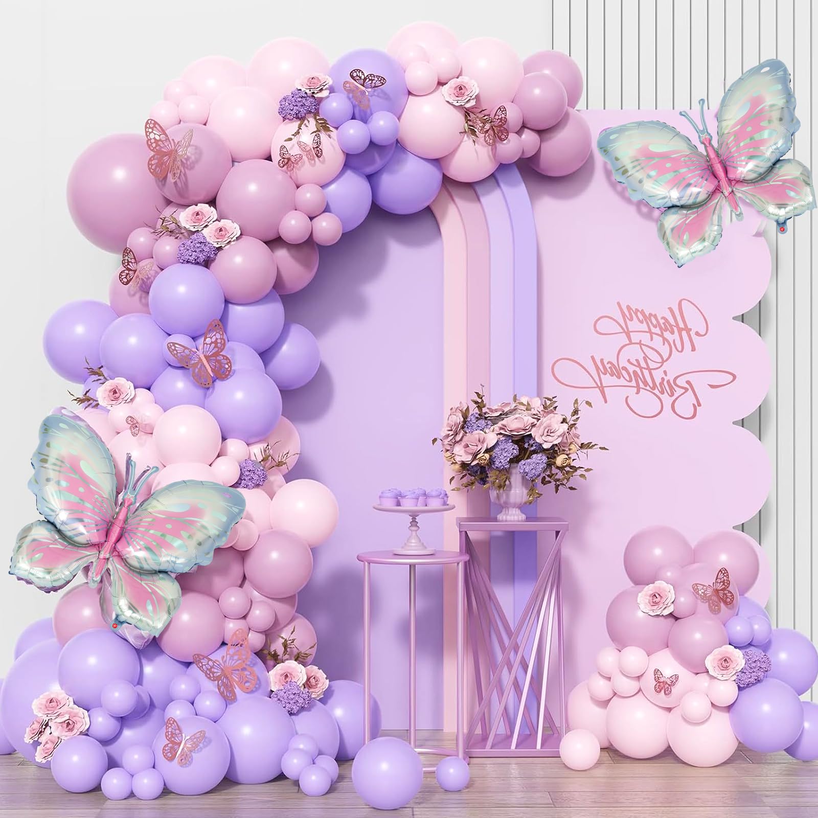 Giant Purple Butterfly & Daisy Foil Balloons - Holographic Forest Spring Party Decorations