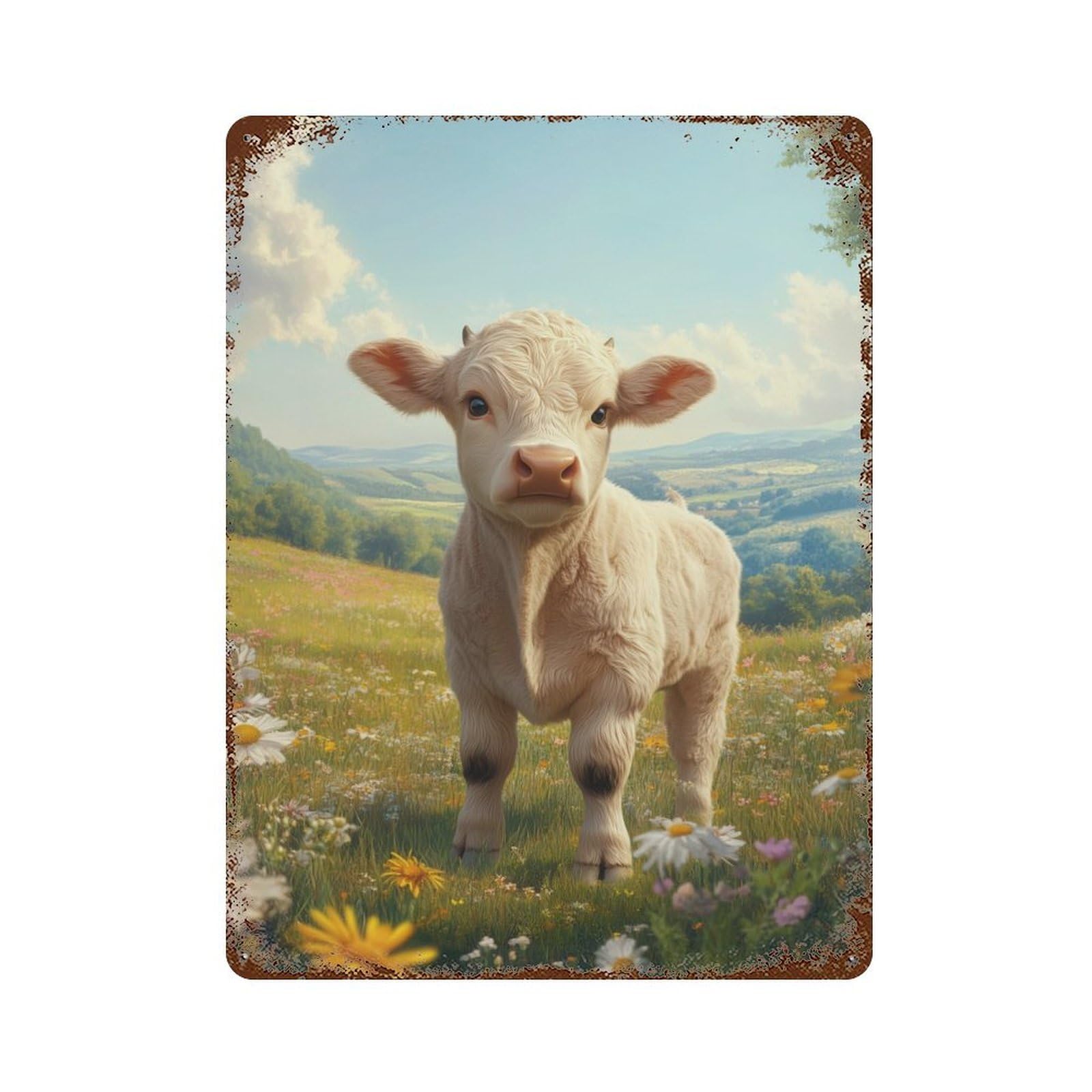 Aged Metal Wall Plaque with White Bull Calf in Meadow Design 15.7"x11.8", for Basement, Hobby Room And Garage Decor, Farmhouse Wall Decor