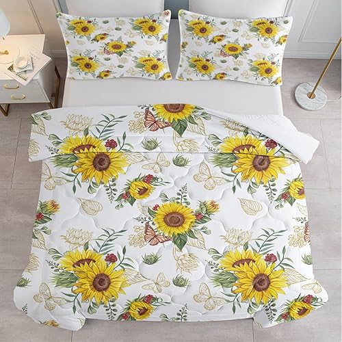 Miniatura 4 de SOULZZZ Juego de ropa de cama de girasol, tamaño Queen, edredón amarillo de jardín de mariposas doradas con 2 fundas de almohada, decoración suave
