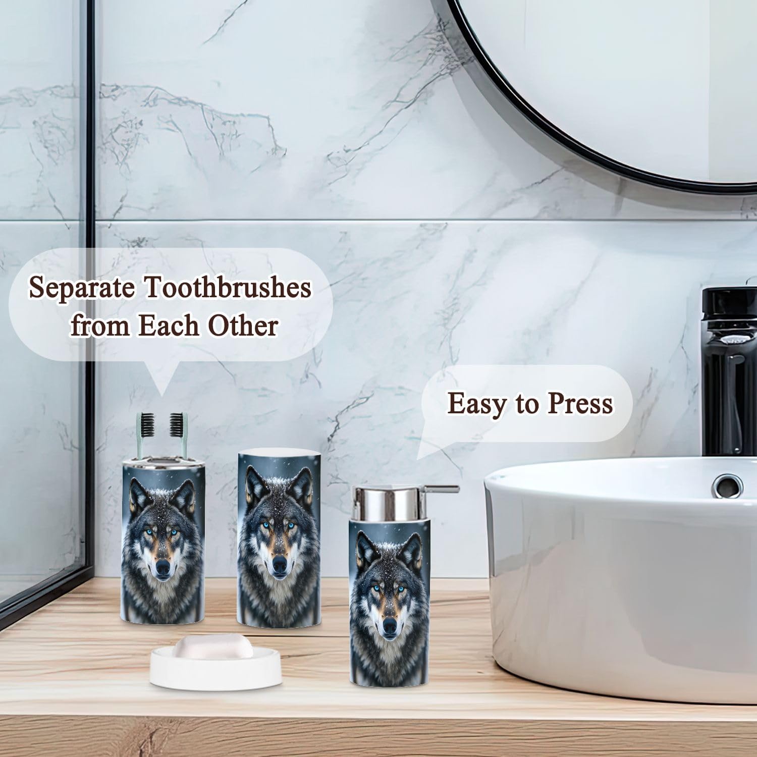 Bathroom Accessories Set 6 Pcs Cute Animal Wolf Head Gem Arts Wolf Snow Blue Eyes Forest Winter Toothbrush Holder Cup Soap Dispenser Soap Dish Toilet Brush Holder Trash Can for Countertop Decor