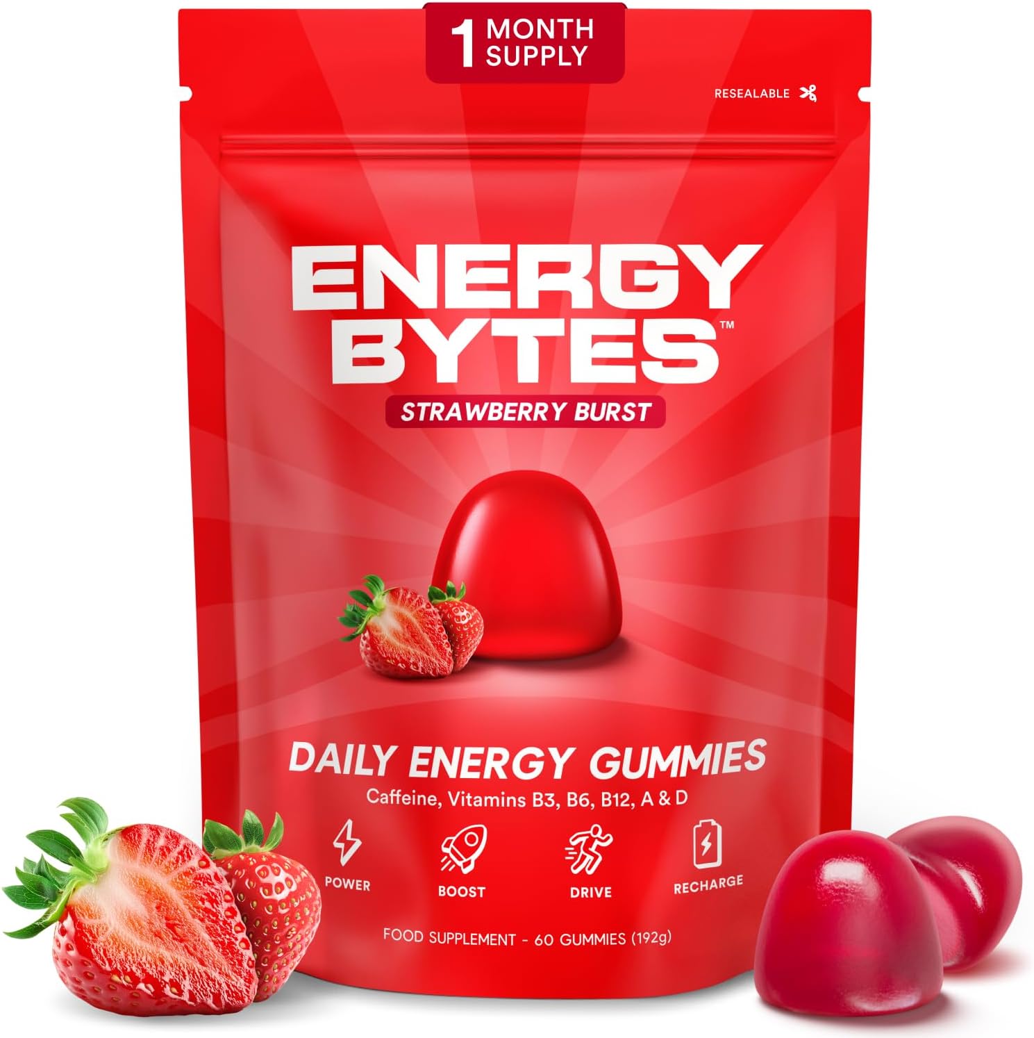 Energy Bytes Daily Energy Gummies – Fast Acting Energy Chews with Caffeine & Vitamins B3 B6 B12 A & D – Stay Focused and Energised Through Your Day – 60 Bytes