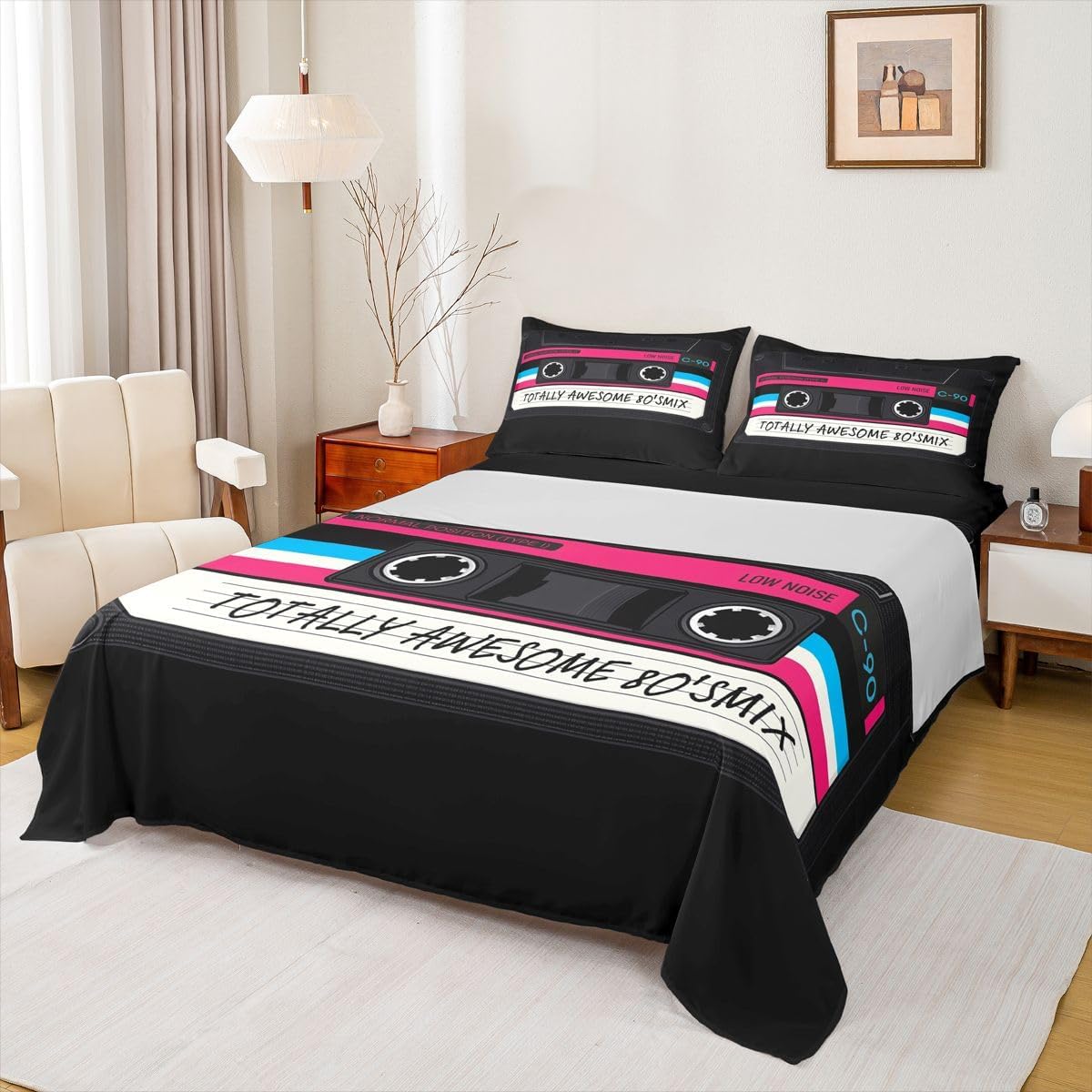 Erosebridal Vintage Old Fashion Bed Set Retro Audio Cassette Bed Sheets Set, Colorful Music Record Player Sheet Set Queen Red Black White Cassette Tape Sheets, 70s 80s Party Top Sheet