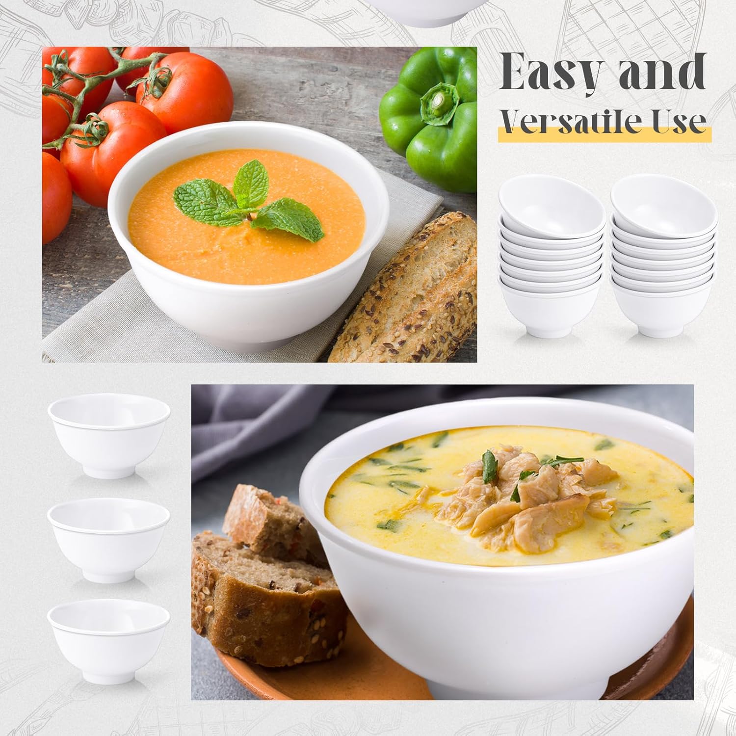 Tioncy 36 Pcs Bowls Set Unbreakable Dessert Soup Salad Bowls for Pasta Cereal Soup Dishwasher Safe (10 oz,White)