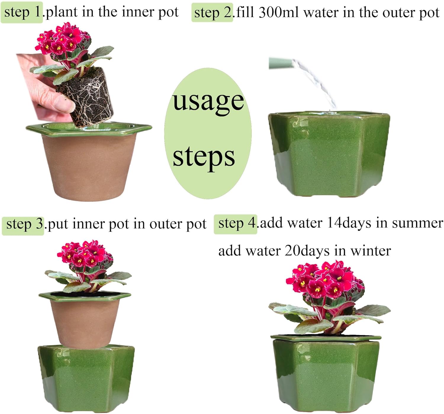 African Violet Pots 6 inch Hexagon Self-Watering Ceramic Pots 4.50'' Opening(Green)