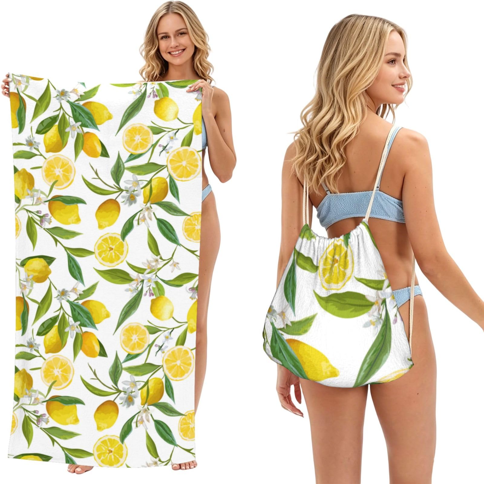 Poadnly Patterned Exotic Lemon Tree Branches Yummy Delicious, 2 in 1 Packable Towel Bag, Beach Towels with Drawstring Backpack for Travel Holiday Camping