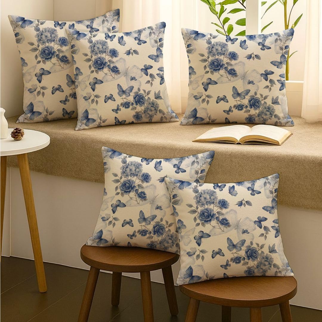Jaipur Weaves Cushion Cover 16 Inch X 16 Inch - Set of 5, Butterfly Print Poly Cotton Decorative Soft Cushion Covers for Sofa/Bed/Chair, Gift for Home Decor (Blue Butterfly, 5)-image-1