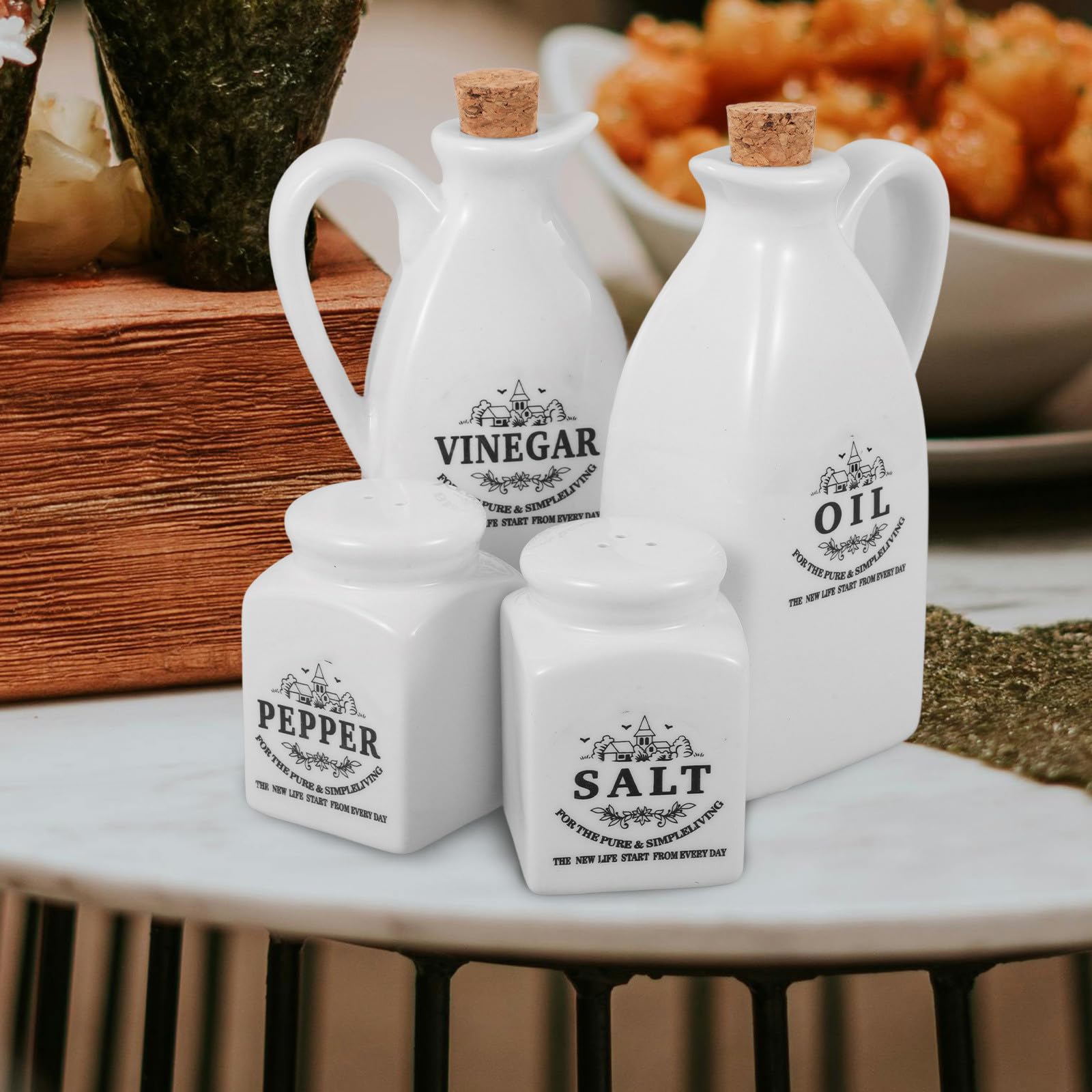 Gadpiparty Dispensadores de Aceite y Vinagre Bandeja de Bambú Estilo Japonés de Cerámica Juego de 4 Piezas para Cocina y Almacenamiento