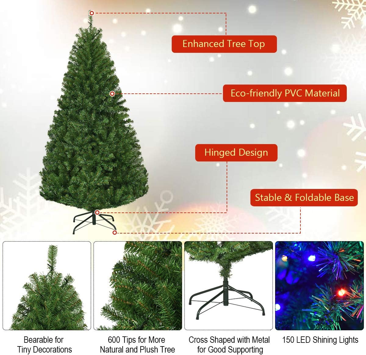 GOFLAME 5ft Pre-Lit Artificial Christmas Tree, Premium Spruce Hinged Tree with Metal Stand, 11 Flash Modes with Multicolored LED Lights, Traditional Indoor Decoration for Festival Party Holiday