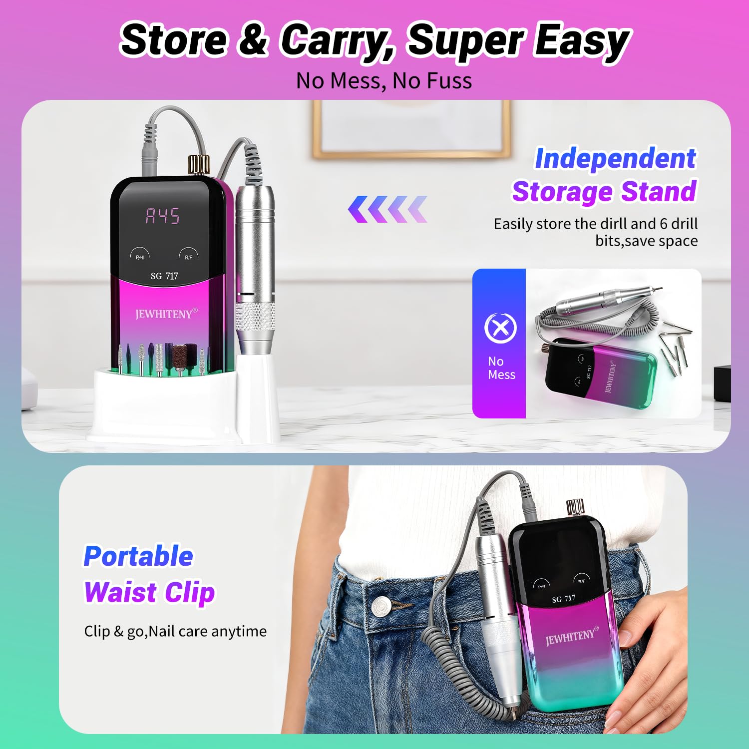JEWHITENY Lime à ongles électrique portable SG717, 45 000 tr/min, professionnelle rechargeable, pour ongles en gel acrylique, pour enlever le vernis à ongles en gel (violet)