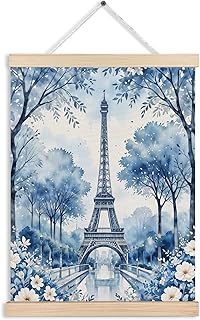 FITIE Blue Floral Paris Eiffel Tower Canvas Wall Art Poster Hanger Frames, Parisian Decor, Romantic French Country Paris Landscape Wall Decor Prints for Home Bedroom Living Room, 12x16 Inch