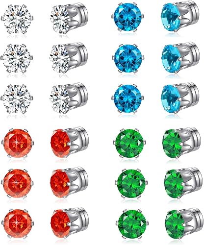 Spiritlele 12 Pairs Green Blue Cubic Zirconia Magnetic Earrings Clip on Non Pier