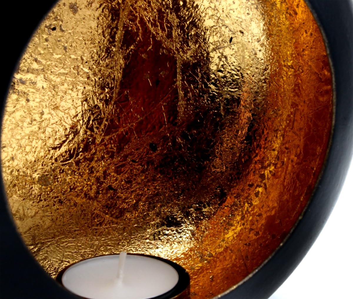 Portavelas de té, color negro y dorado, portavelas de metal, redondo, 16 cm x 7 cm