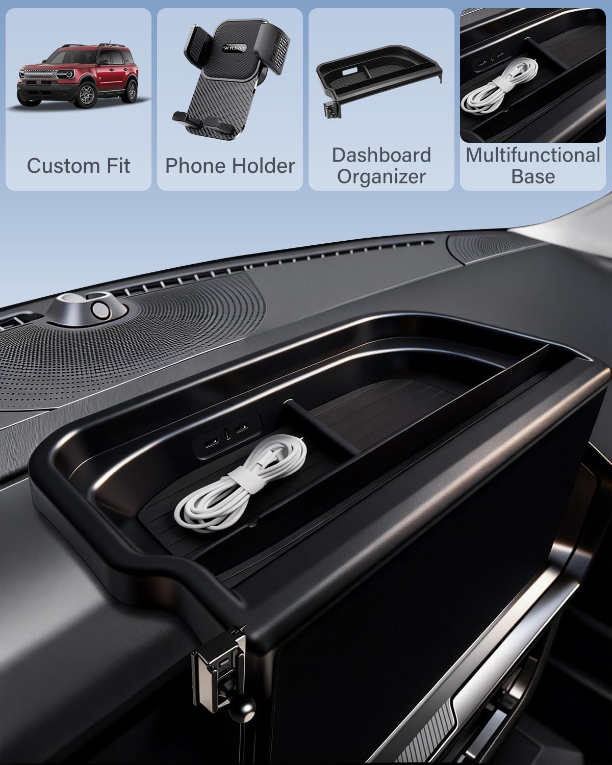 SKYLOTEC Dash Tray with Phone Holder for 2025 Ford Bronco Sport Phone Mount Dashboard Storage Accessories 13.2-Inch Screen, Automobile Cradles Dash Console Organizer Cell Phone Base