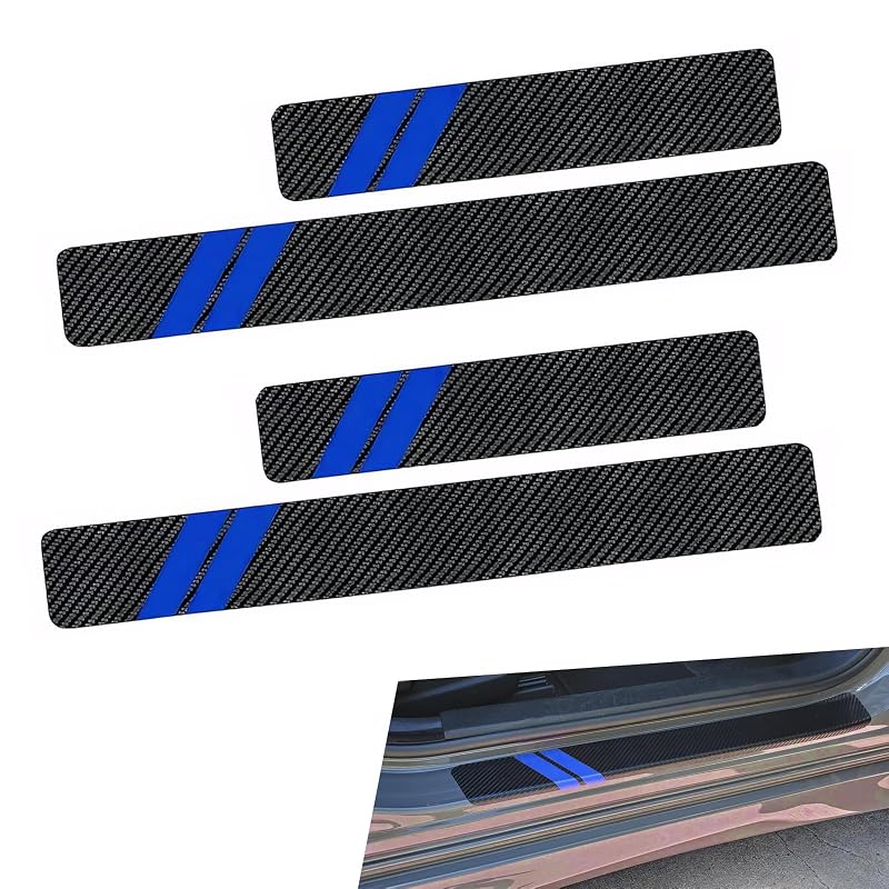 Protetor de Soleira de Porta para Carro em Couro Sintético PU com Textura de Fibra de Carbono Azul Qurbuns Kit com 4 Peças