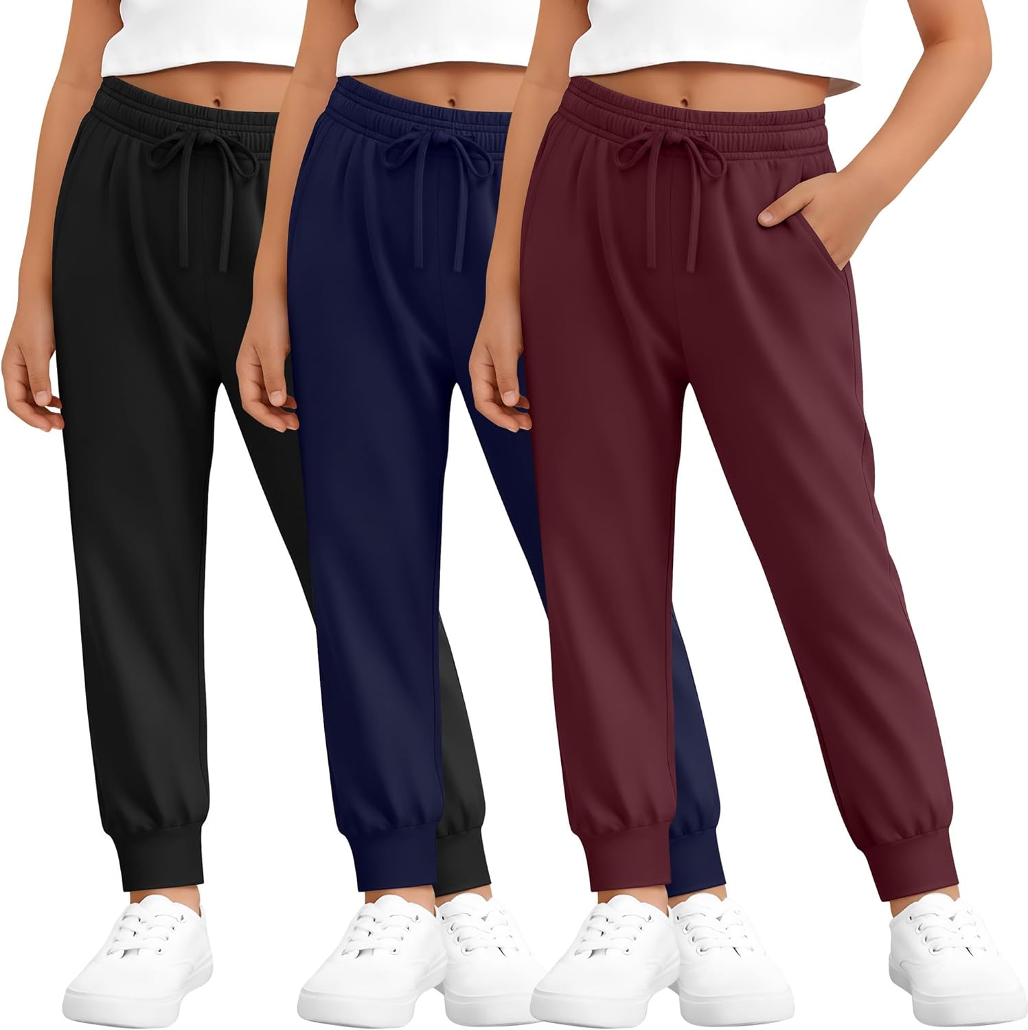 3 Pack Girls Jogger Sweatpants Soft Athletic Sweat Pants for Kids Youth with Pocket Drawstring Years 5-16