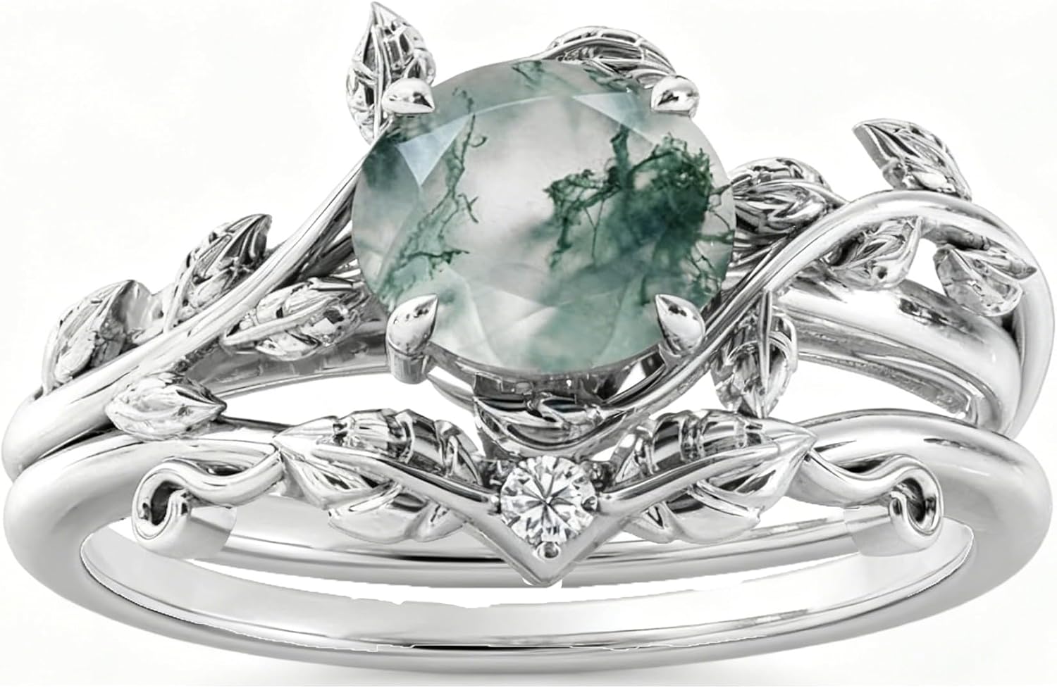 Natural Moss Agate Engagement Ring Set for Women, 925 Sterling Silver Pear/Heart/Hexagon Cut Moss Agate Bridal Wedding Rings Set Inspired Leaf Bridal Rings Set for Her Free Engraved