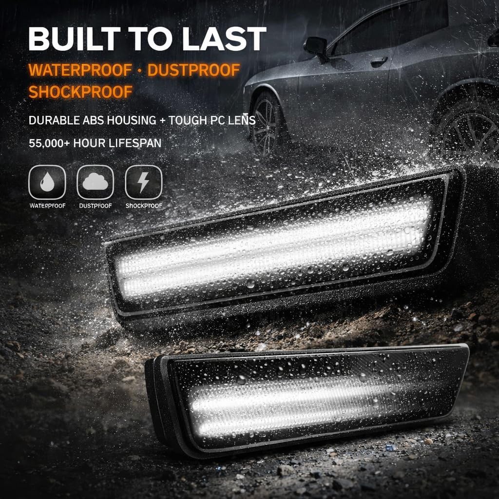 AILEO Premium LED Side Marker Lights For Dodge Challenger 2015-2023, Smoked Lens Front & Rear Bumper Markers, White LED, Easy Installation,4PCS