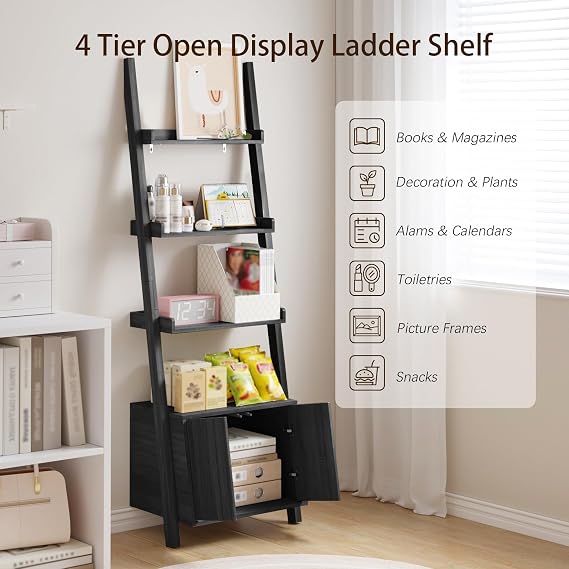 4 Tier Ladder Shelf,Ladder Bookshelf with Storage Space,Modern Corner Shelf,Freestanding Wood Ladder Bookcase for Living Room,Home Office,Bedroom (Black)