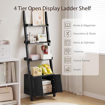 4 Tier Ladder Shelf,Ladder Bookshelf with Storage Space,Modern Corner Shelf,Freestanding Wood Ladder Bookcase for Living Room,Home Office,Bedroom (Black)