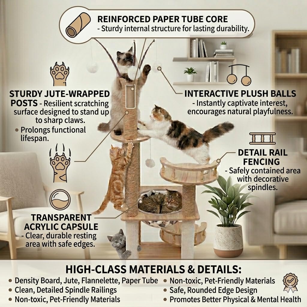 Tiragraffi per gatti da appartamento, alto 132 cm, moderno, con 1 cestino grande, 3 piattaforme di salto e 4 palline di peluche, casetta per gatti di lusso con tiragraffi, salvaspazio e stabile