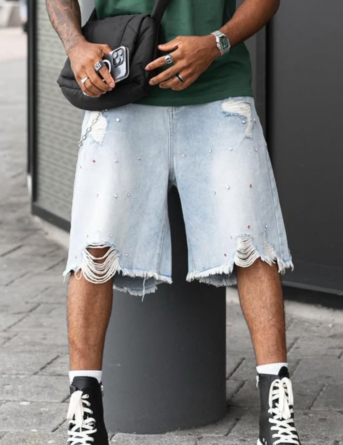Vamtac Rhinestone Jean Shorts Men Baggy Diamond Denim Short Y2K Hip Hop Bermuda Y2k Hip Hop Casual - Image 5