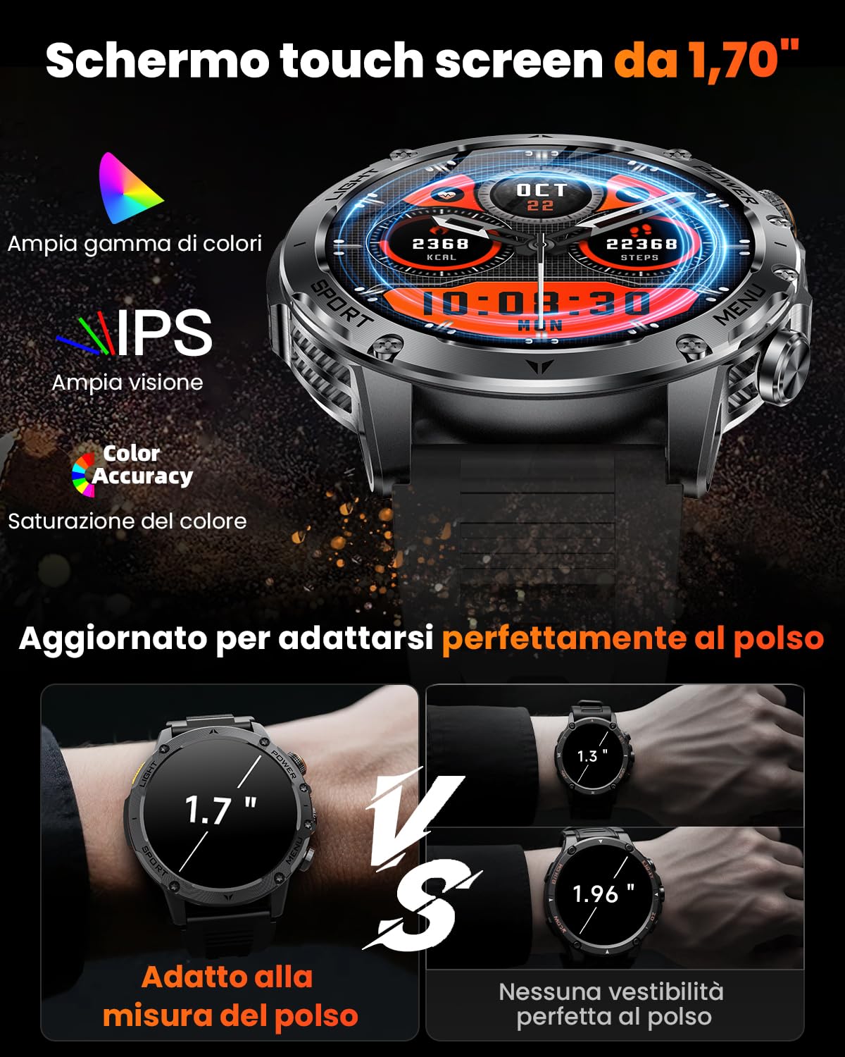Karchilor Smartwatch Uomo Militare con 1000mAh/Chiamate/Torcia LED, 1,7" HD Smart Watch Orologio con 100+ Modalità Sportive, 5ATM, Sonno, SpO2, Notifiche Messaggi, Fitness Tracker Android iOS