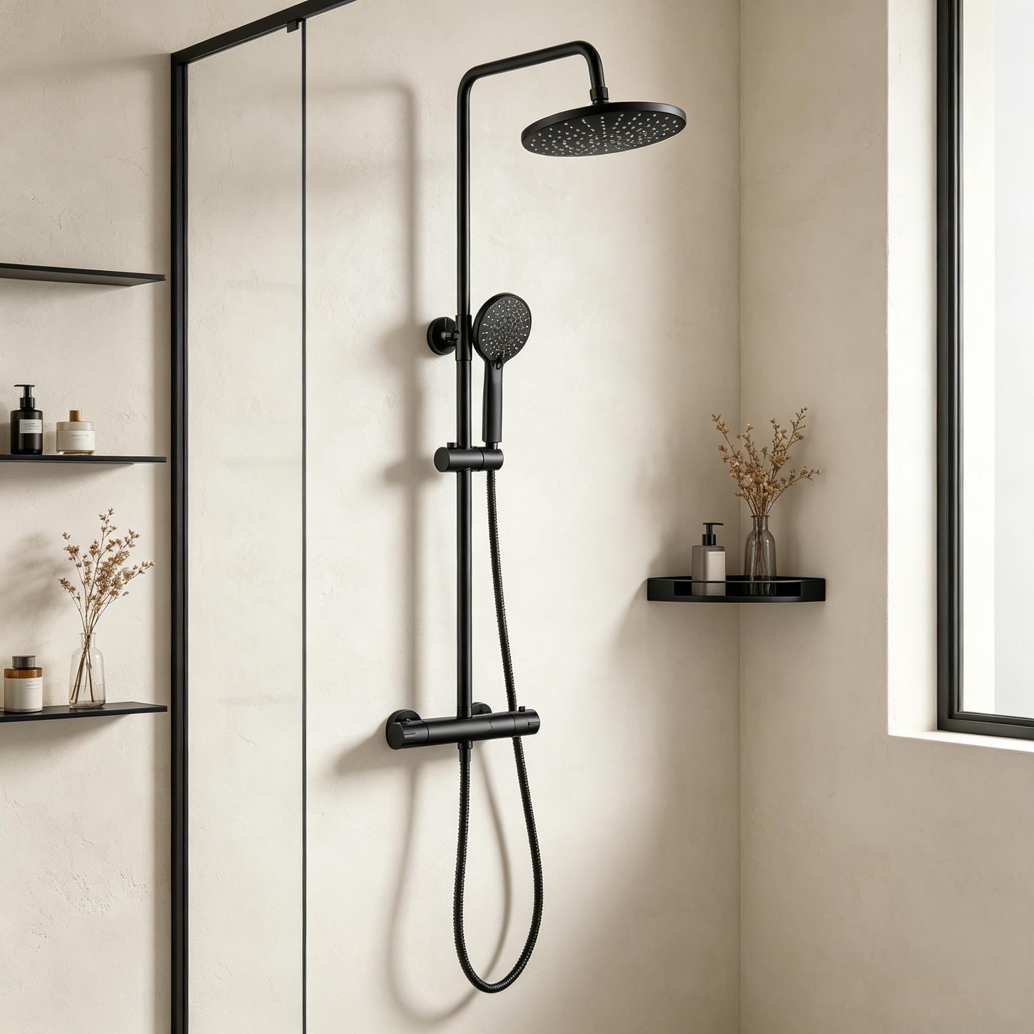 KOMIRO Duschsystem mit thermostat, Duschsystem Schwarz, Duscharmatur mit Thermostat, Duschsäule Höhenverstellbare, Regendusche Kopfbrause und 5 Strahlarten Handbrause, Runde (style2)