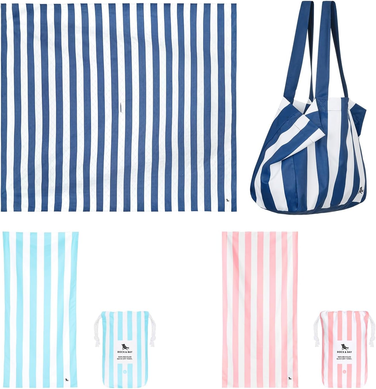 Dock & Bay Ultimate Beach Kit Bundle - Two Quick Dry Towels, Waterproof Bottom Picnic Blanket and Compact Foldable Beach Bag - 100% Recycled Materials - Whitsunday Navy Blue (C)