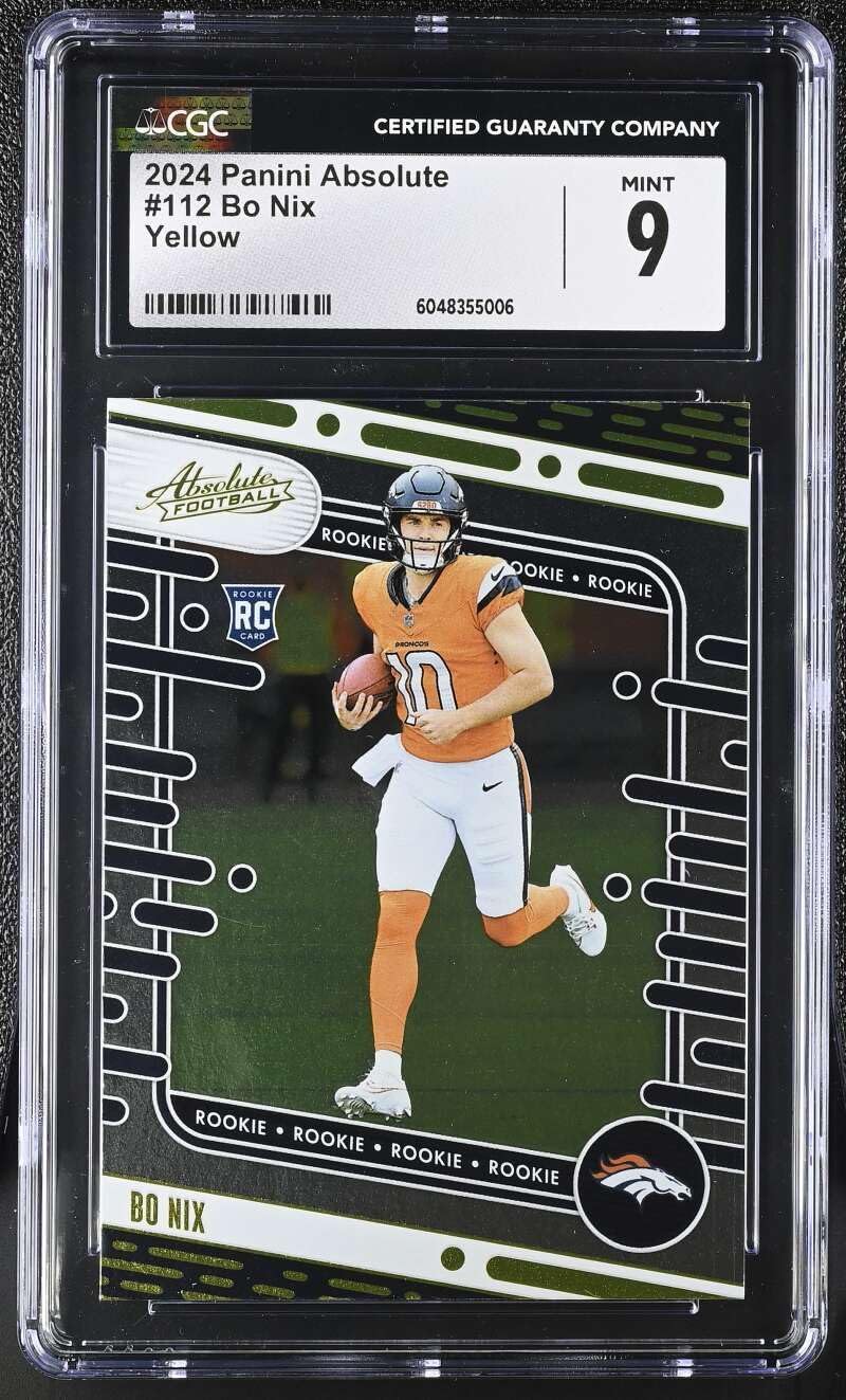Football CGC 6048355006 Mint 9 2024 Panini Absolute Yellow 112 Bo Nix RC Rookie Card Professionaly Graded Trading Card
