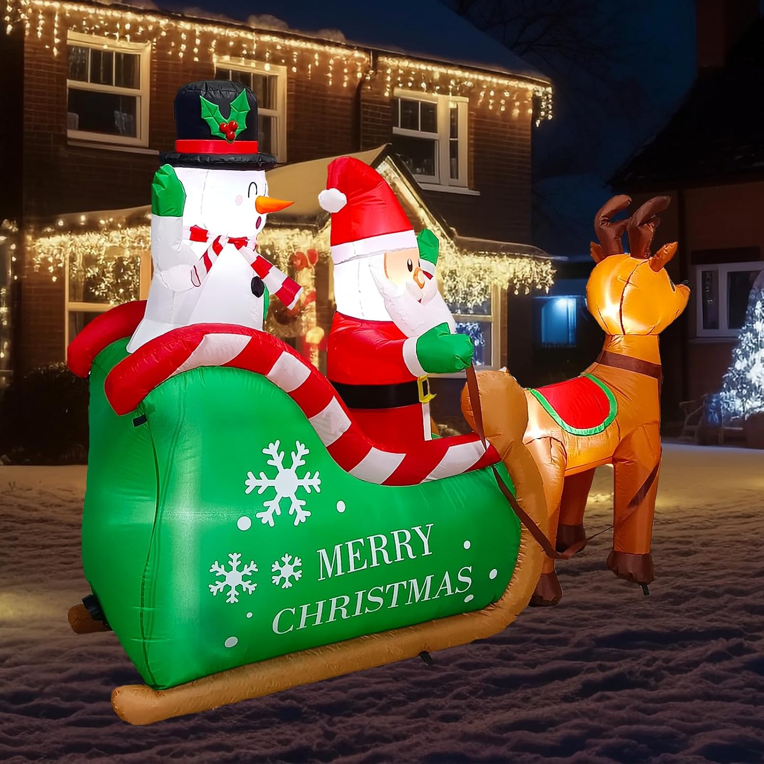 7.2 FT Long Christmas Inflatables Santa Claus on Sleigh with Snowman & Reindeer, LEDs Build-in Blow Up Christmas Yard Inflatable Decoration for Outdoor Indoor Garden Lawn