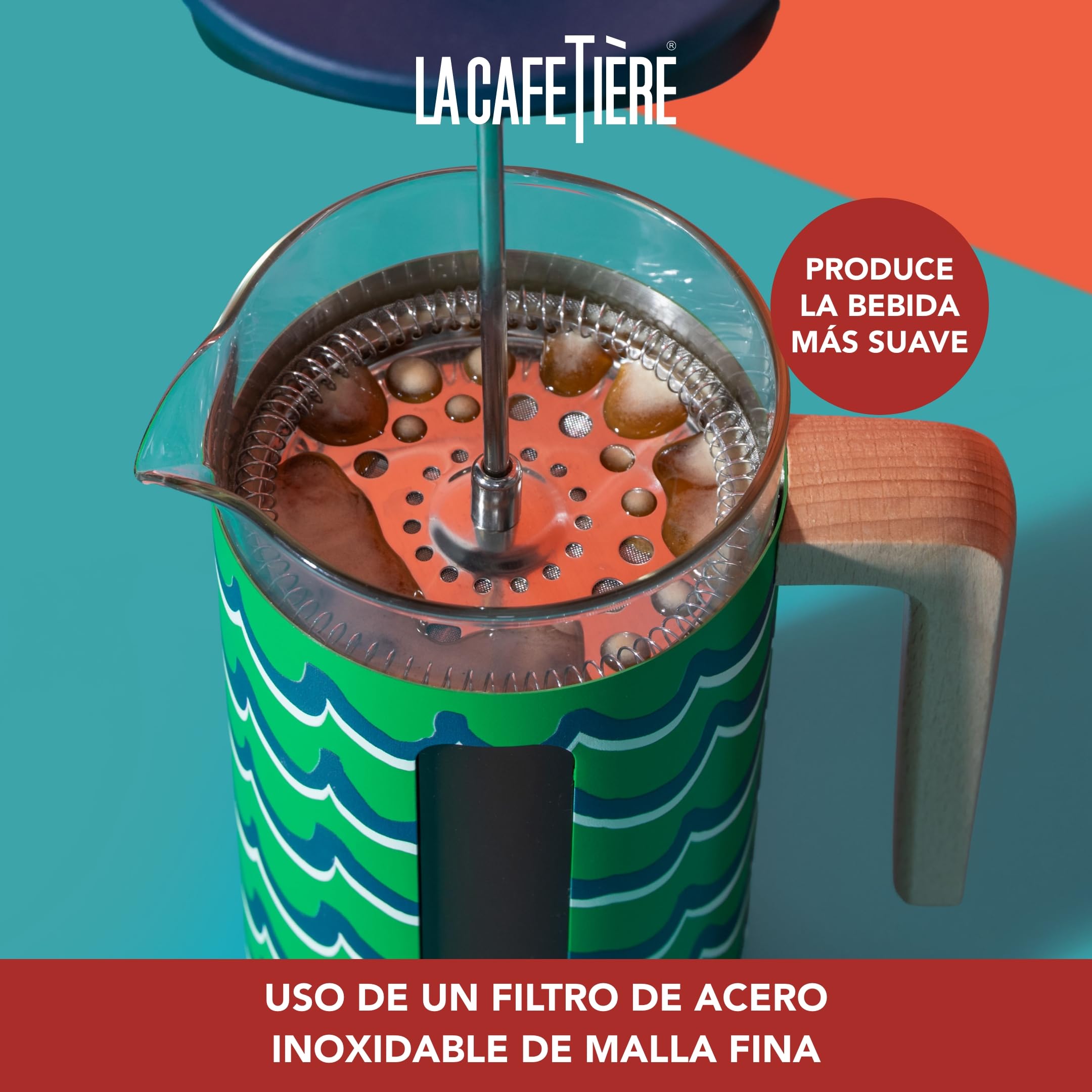La Cafetière Pisa - Cafetera grande de prensa francesa con diseño de remolino, cafetera de cerámica resistente al calor de 1 L con émbolo de fácil agarre, té suelto y café molido, Cyan Tides