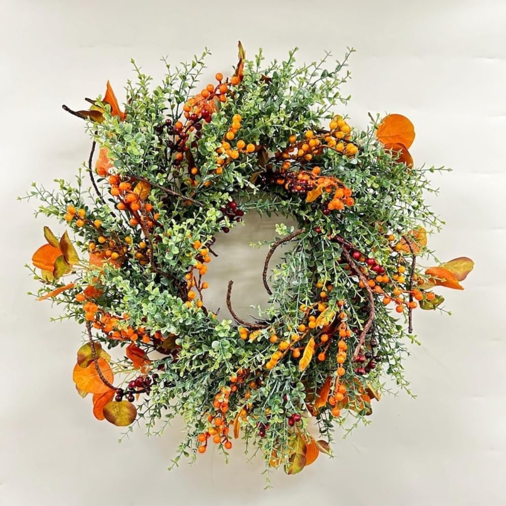 Fall Wreath for Front Door, Autumn Harvest Wreath with Eucalyptus and Orange Blossoms, 22 Inch Seasonal Indoor Outdoor Thanksgiving Door Decor