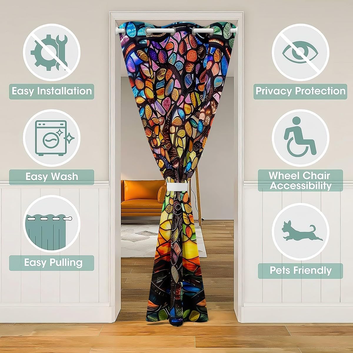 Castle Fairy Tree of Life Door Curtain for Doorway Privacy,Modern Artwork Sliding Closet Door Curtains Abstract Nature Landscape Privacy Curtain Cover for Room Divider Yellow Blue Curtain,W42 X L80