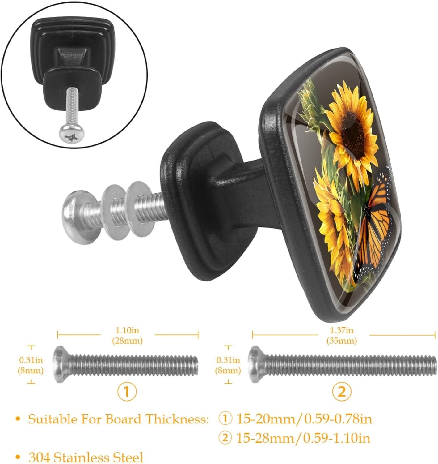 Square Cabinet Knobs Sunflower and Butterfly Kitchen Pulls Cabinet Hardware Cupboard Drawer Knobs,Pack of 4