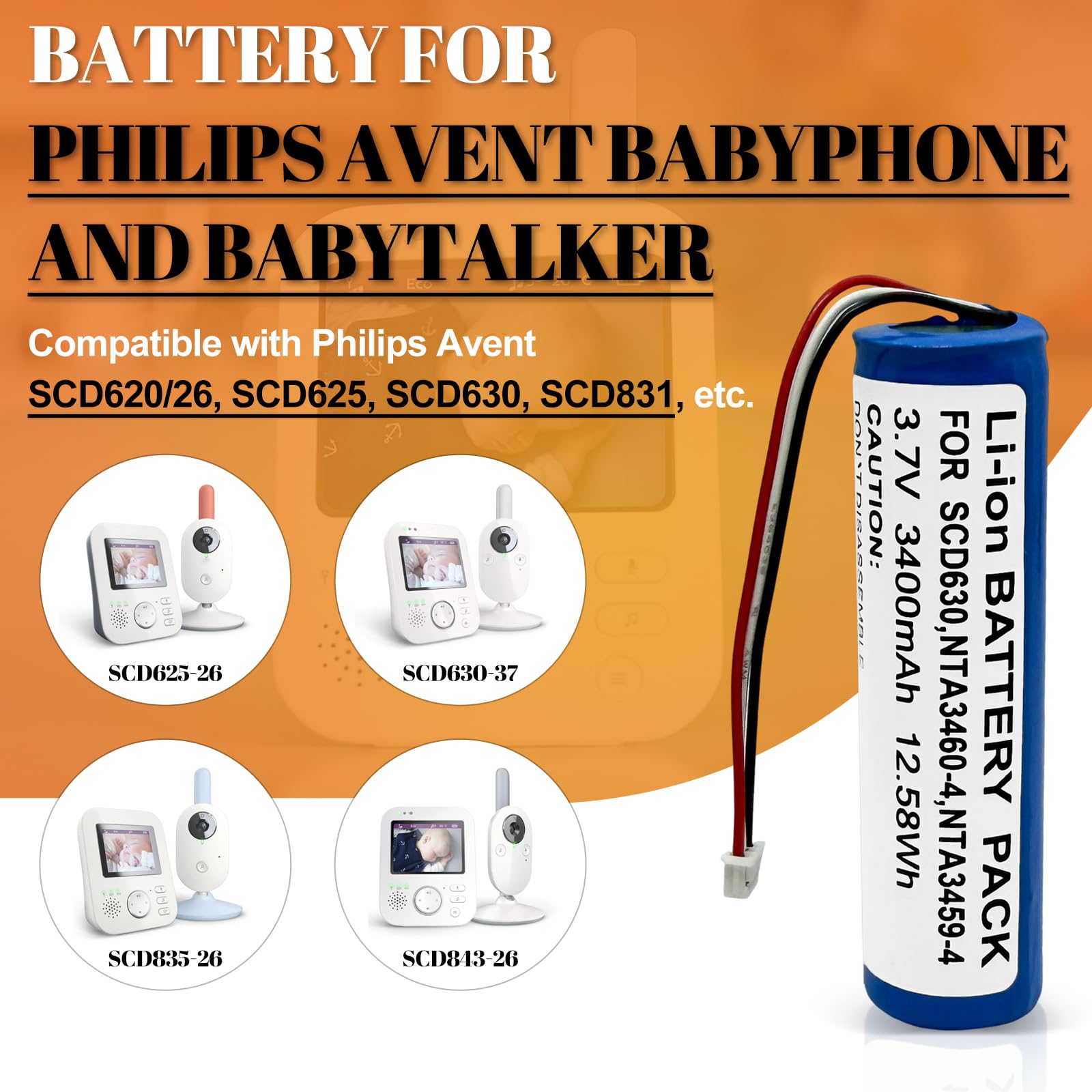 Batterie compatible avec les babyphone Philips Avent SCD620, SCD625, SCD630, SCD831, SCD833, SCD835, SCD841, SCD843, SCD845, etc. Remplace les modèles Philips NTA3460-4, NTA3459-4, 1S1PBL188. 65 à 2