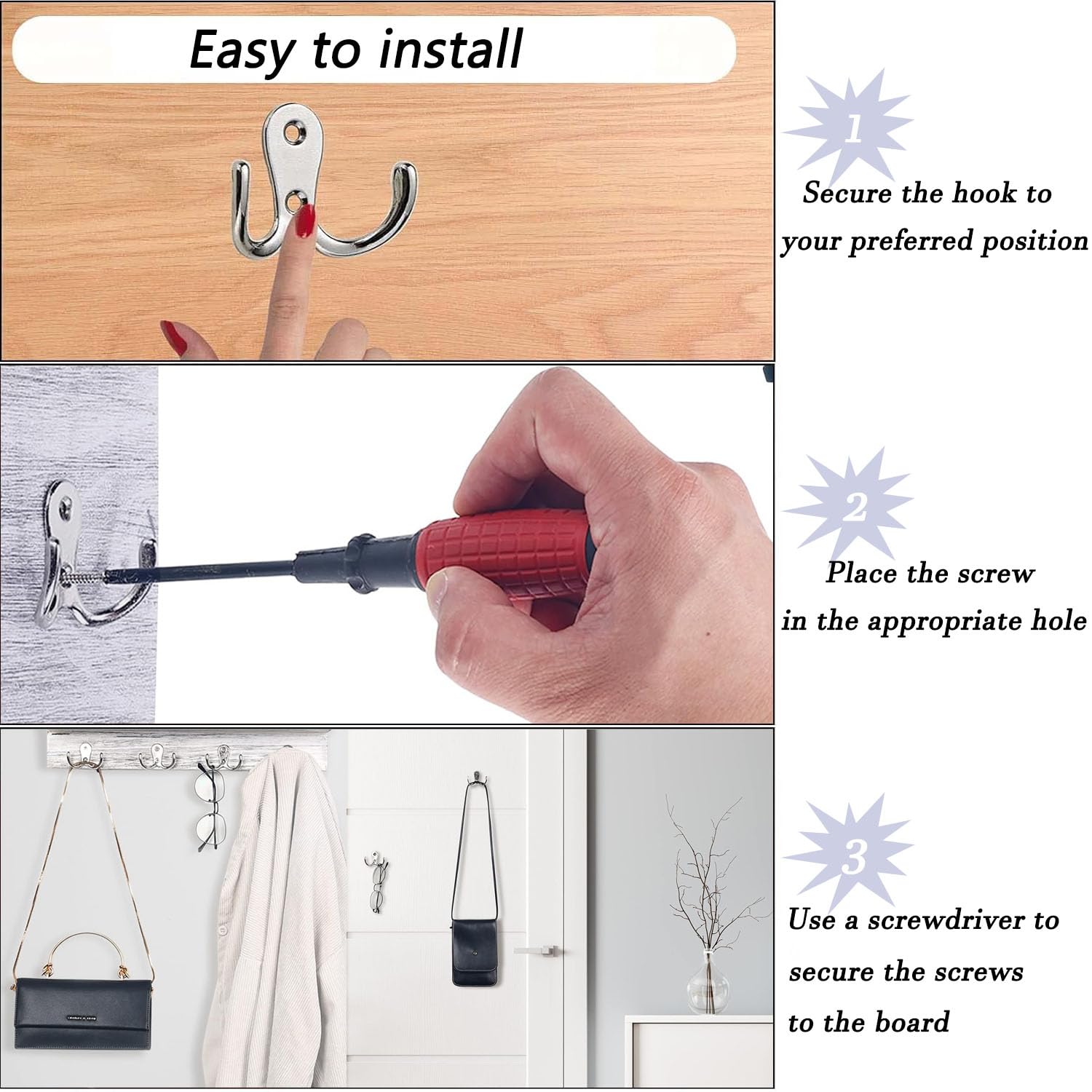 SUJIBHI 6 Pcs Double Prong Coat Hook Dual Coat Door Hooks Wall Mounted Hanging Clothes Metal Door Hooks with 12 Pcs Screws for Bathroom Bedrooms Hanging Clothes Robe Towel Kitchen,Silver - Image 4